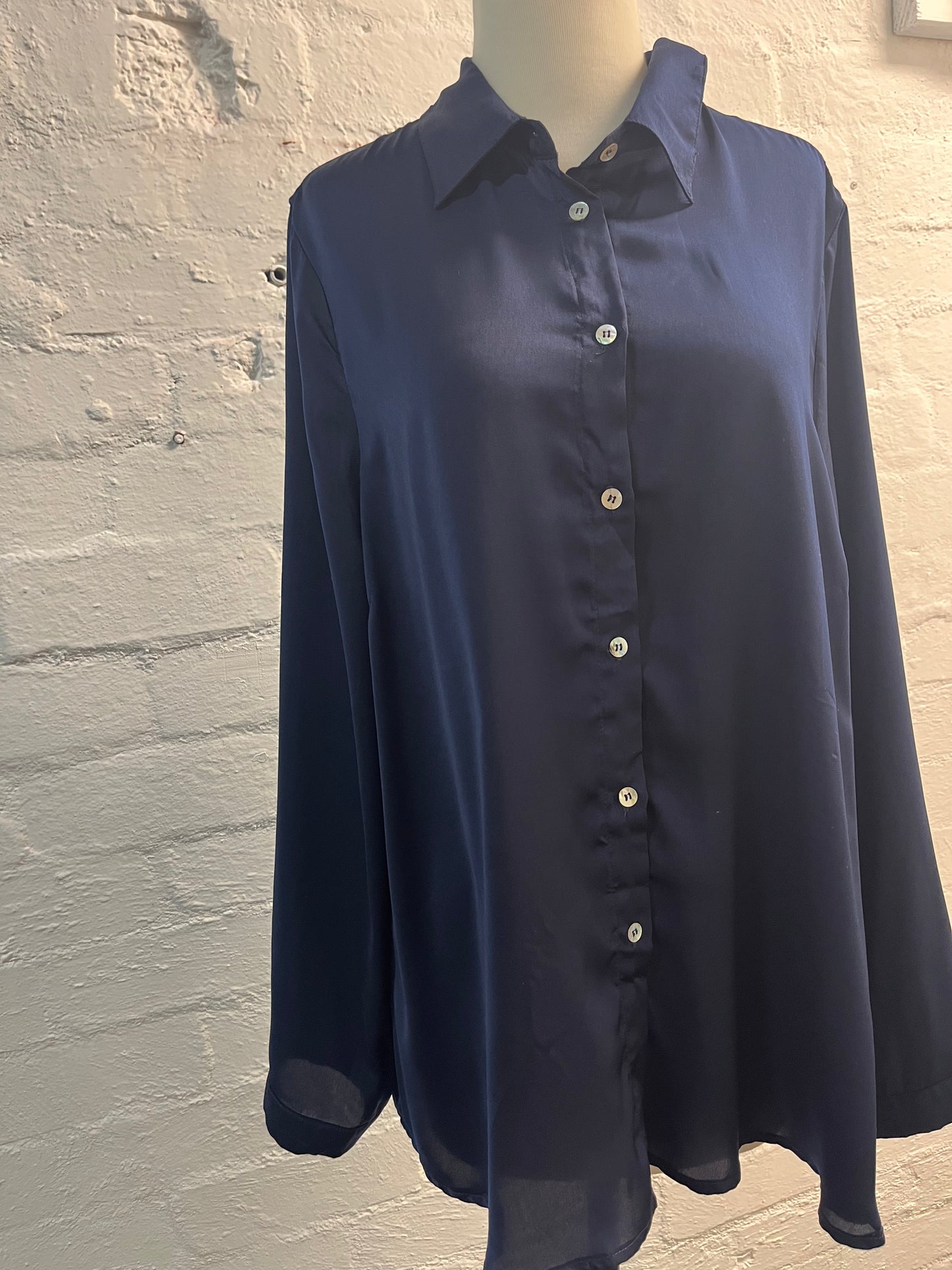 Long Sleeve Navy Satin Blouse Size 16