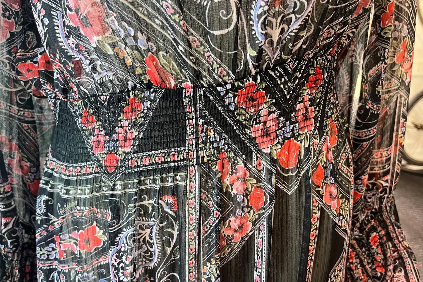Long Sleeve Chiffon Black/Multi coloured Dress Size 14