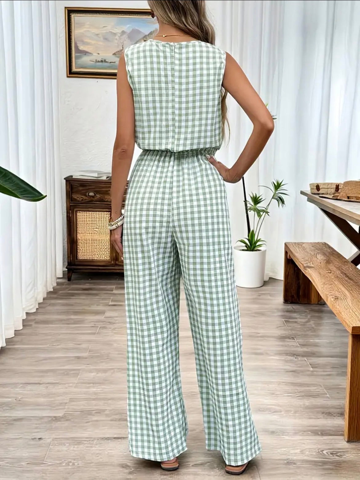 Green/White Gingham Sleeveless Jumpsuit Size 12