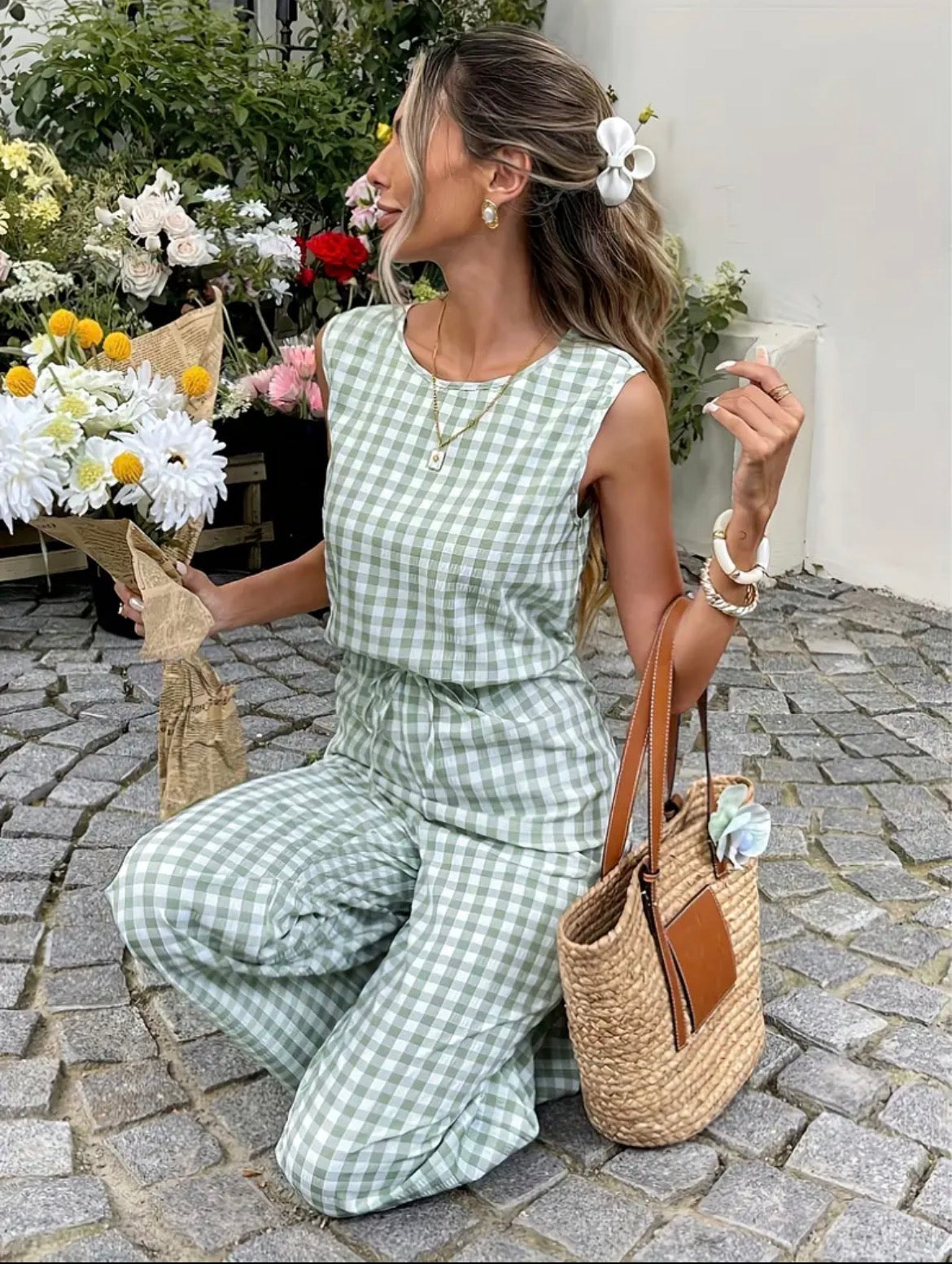 Green/White Gingham Sleeveless Jumpsuit Size 12