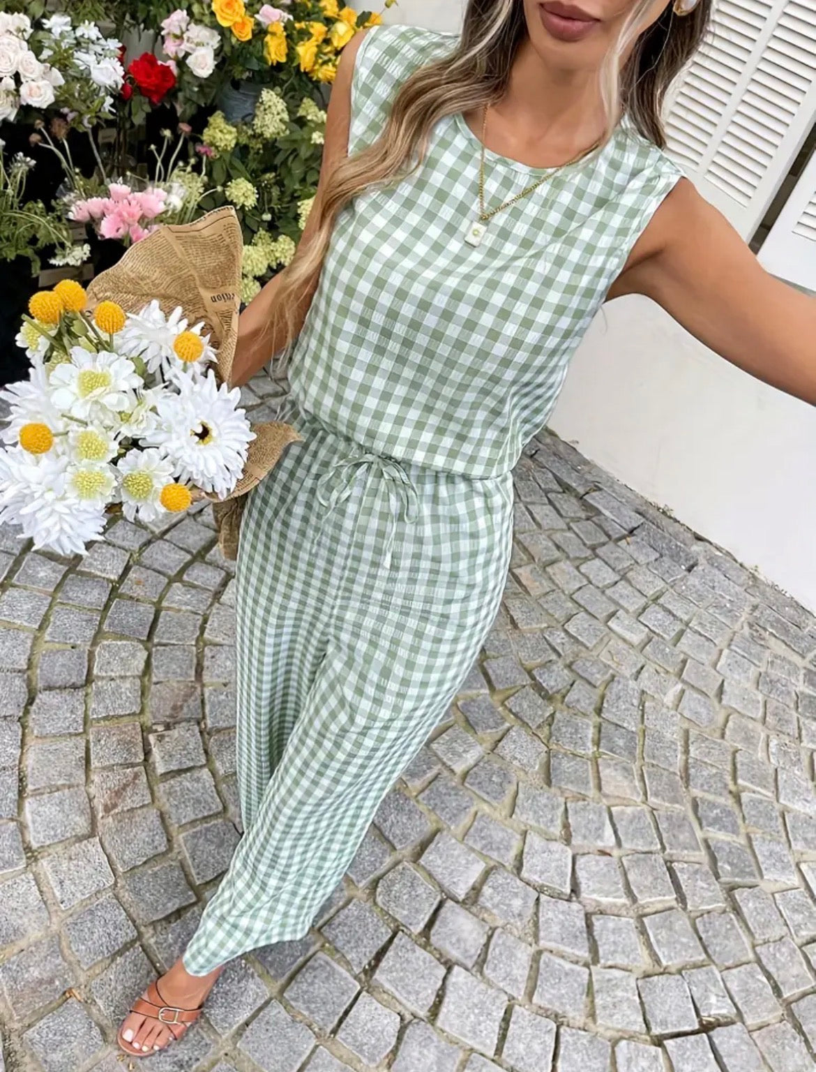 Green/White Gingham Sleeveless Jumpsuit Size 12