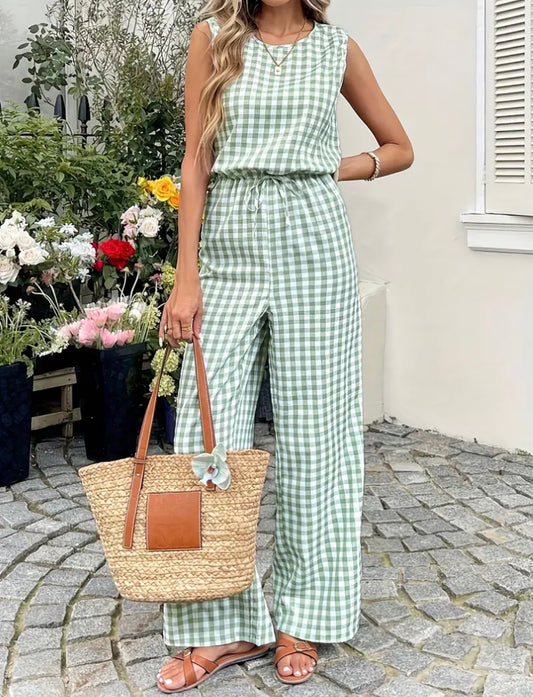 Green/White Gingham Sleeveless Jumpsuit Size 12