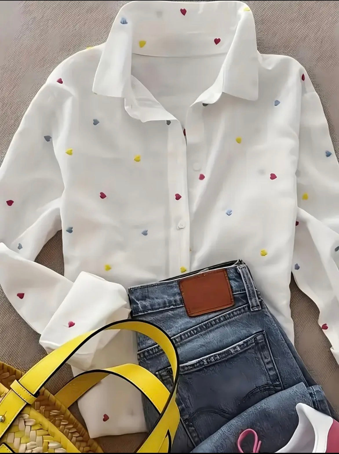 Long Sleeve White Collared Shirt with Love Hearts size 12