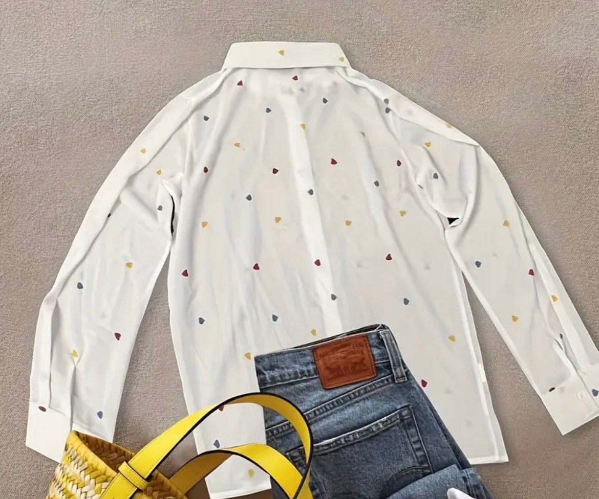 Long Sleeve White Collared Shirt with Love Hearts size 12