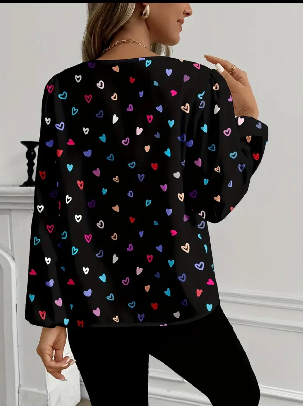 Long Sleeve Black Shirt With Love Hearts size 10