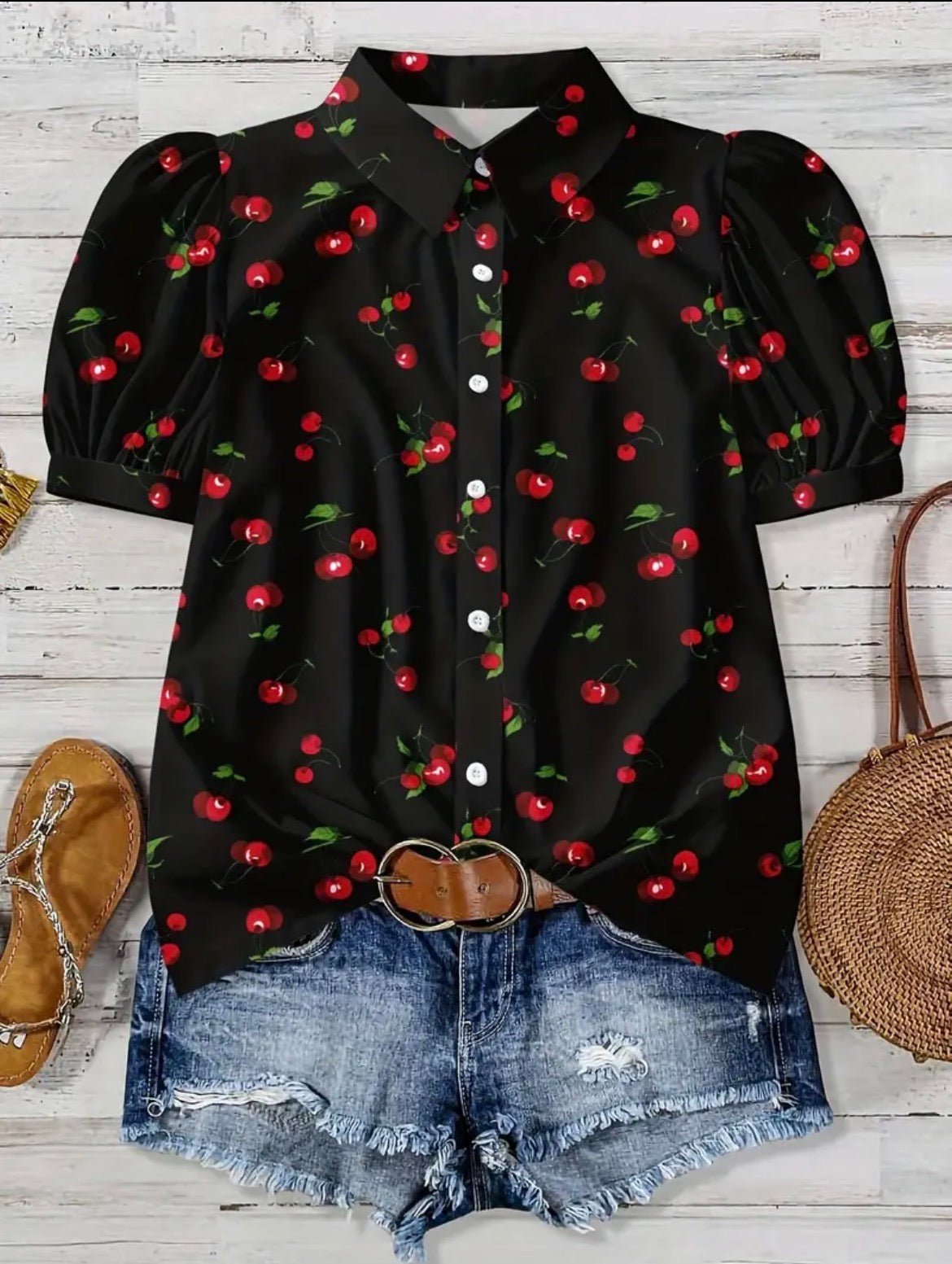 Short Sleeve Black Collard Shirt with Cherries size 10