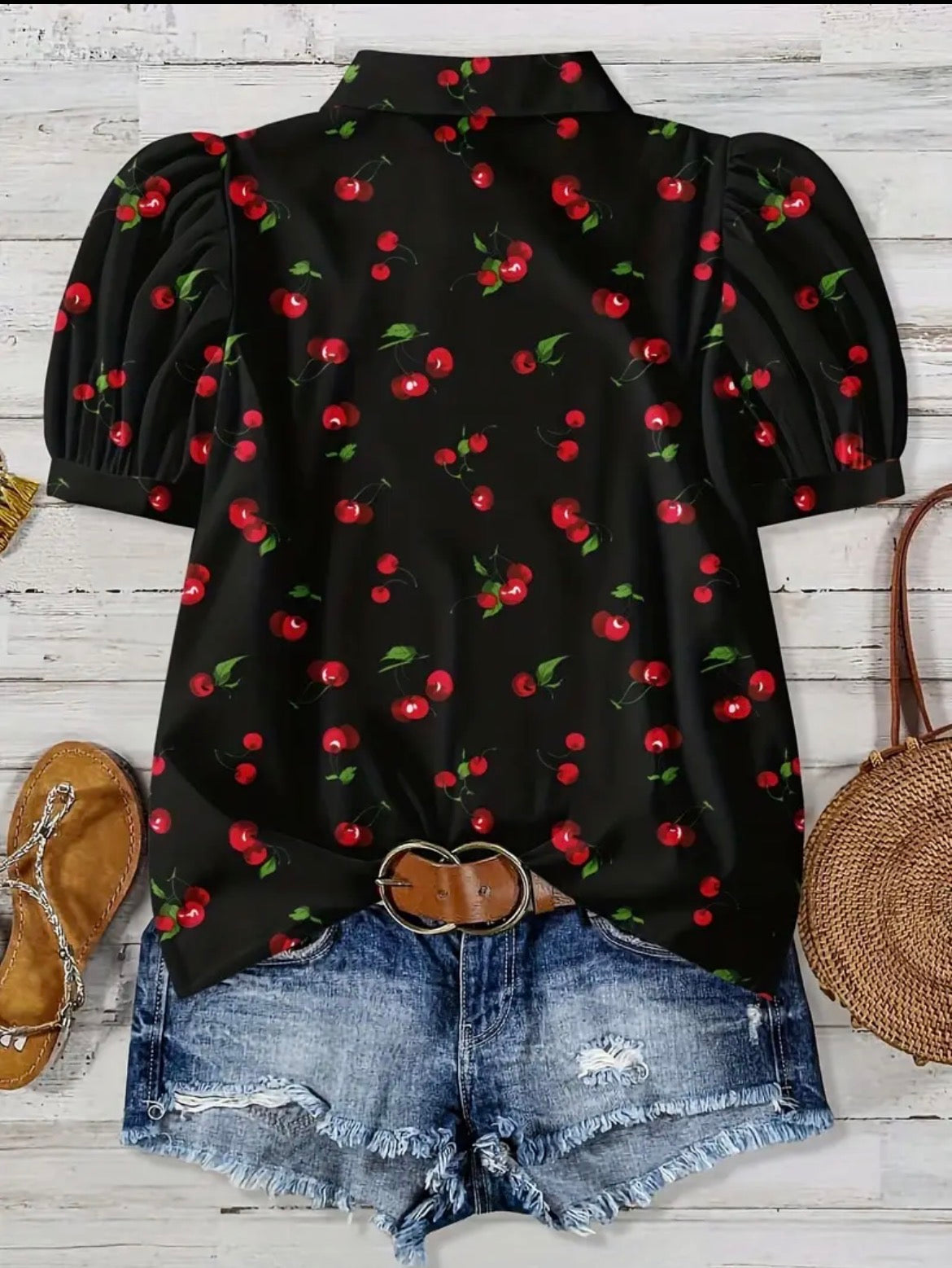Short Sleeve Black Collard Shirt with Cherries size 10