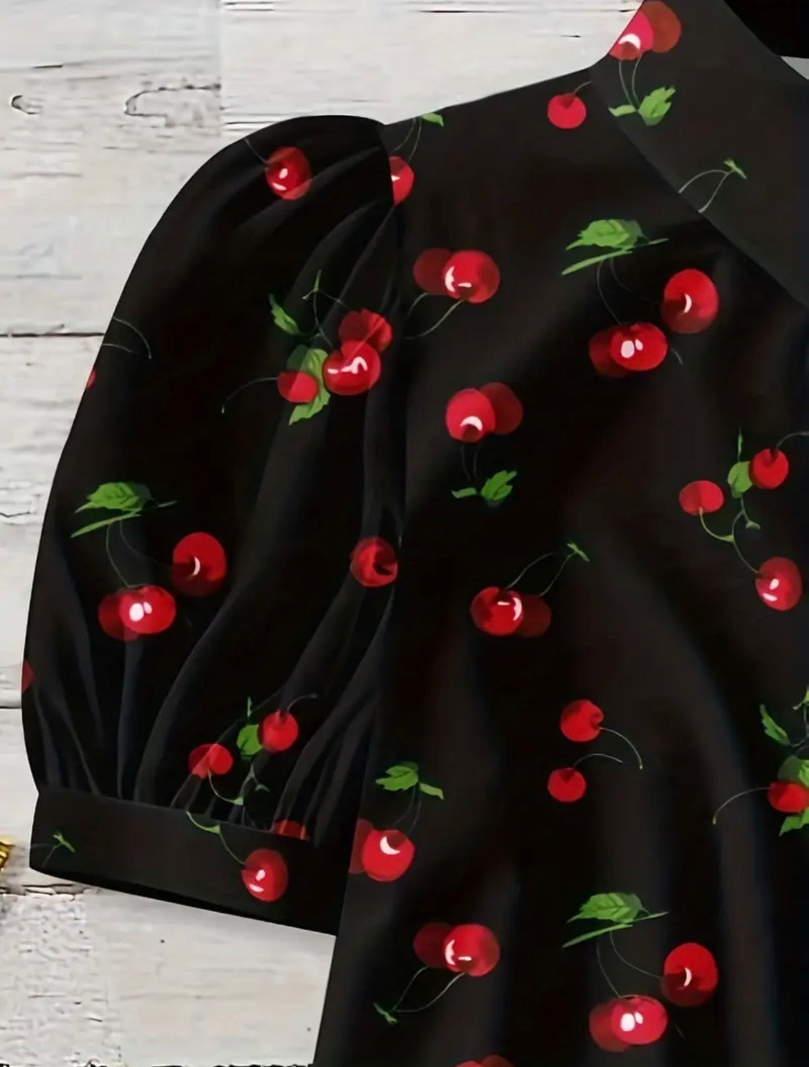Short Sleeve Black Collard Shirt with Cherries size 10